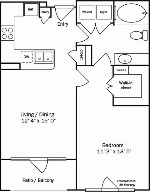 Floor plan for 1 bed, 1 bath, 753 sqft